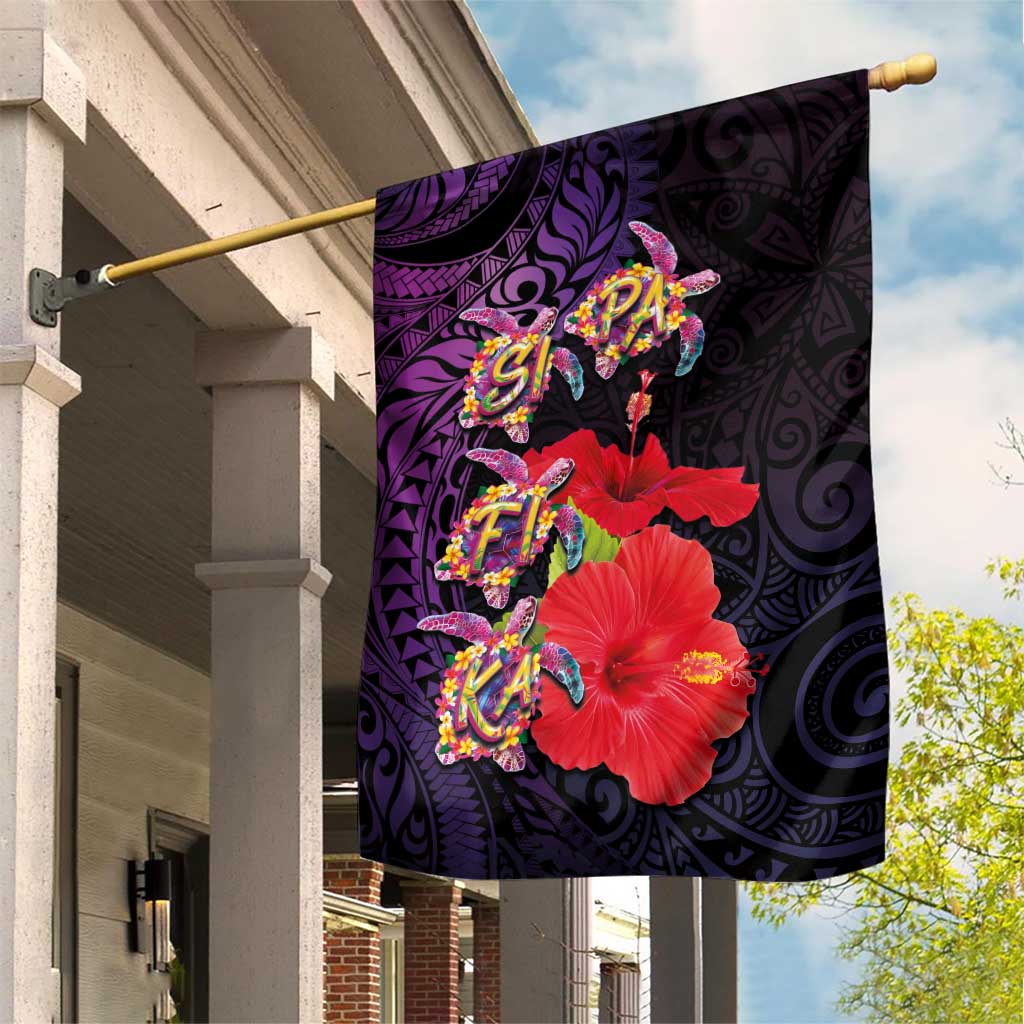 Pasifika Festival Garden Flag Plumeria Turtles with Hibiscus - Polynesian Art Tattoo Purple Color