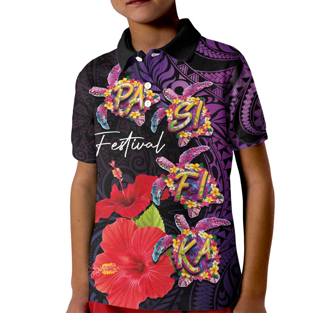 Pasifika Festival Kid Polo Shirt Plumeria Turtles with Hibiscus - Polynesian Art Tattoo Purple Color LT03 Kid Purple - Polynesian Pride