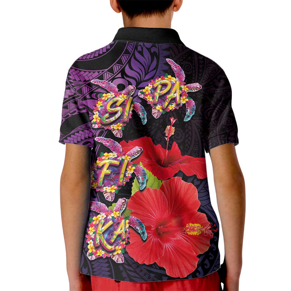 Pasifika Festival Kid Polo Shirt Plumeria Turtles with Hibiscus - Polynesian Art Tattoo Purple Color LT03 - Polynesian Pride