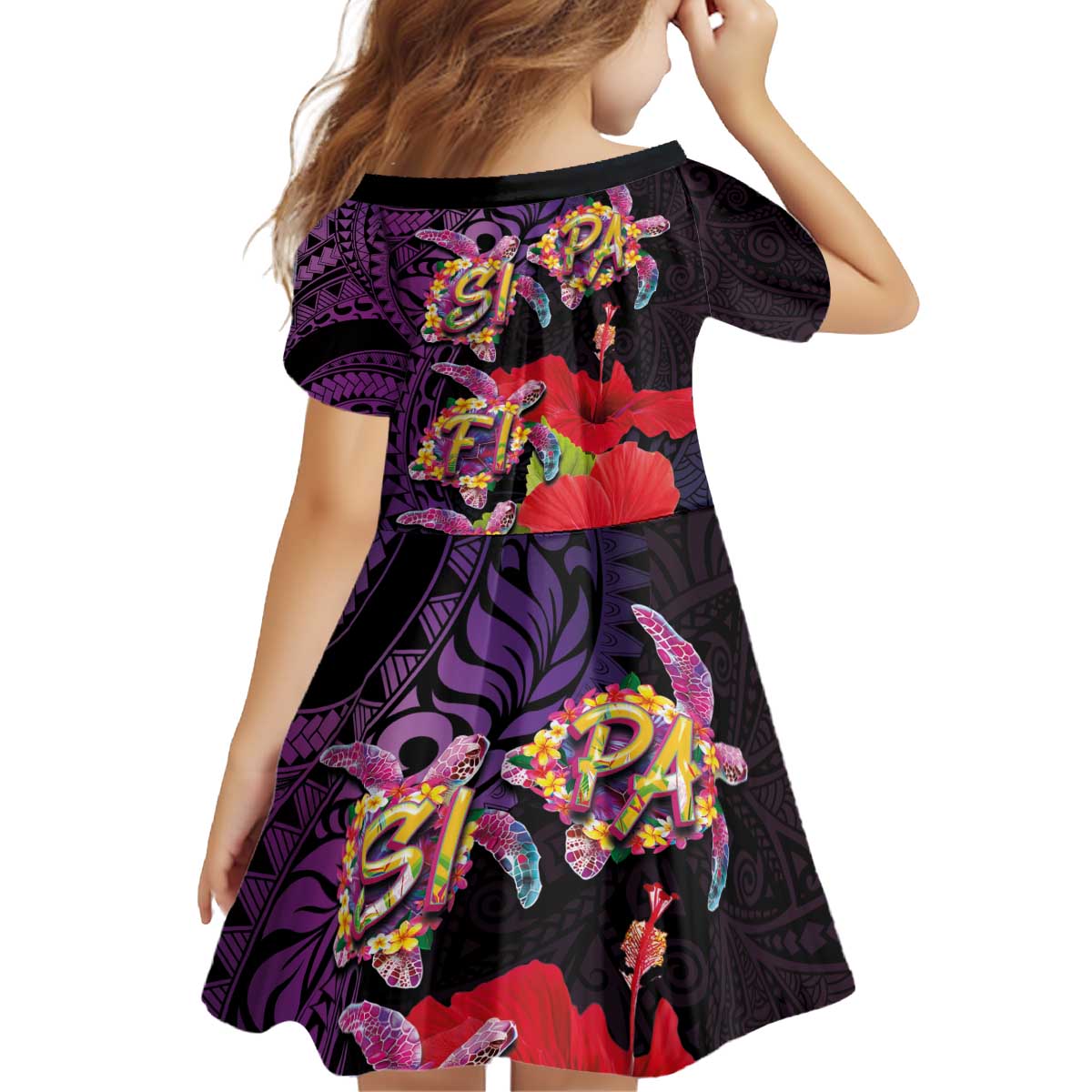 Pasifika Festival Kid Short Sleeve Dress Plumeria Turtles with Hibiscus - Polynesian Art Tattoo Purple Color
