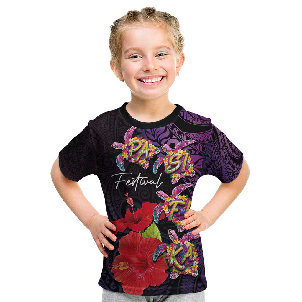 Pasifika Festival Kid T Shirt Plumeria Turtles with Hibiscus - Polynesian Art Tattoo Purple Color LT03 Purple - Polynesian Pride