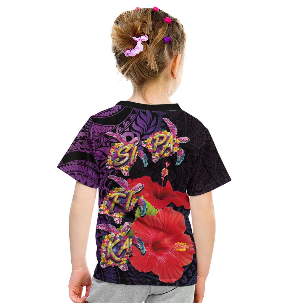 Pasifika Festival Kid T Shirt Plumeria Turtles with Hibiscus - Polynesian Art Tattoo Purple Color LT03 - Polynesian Pride