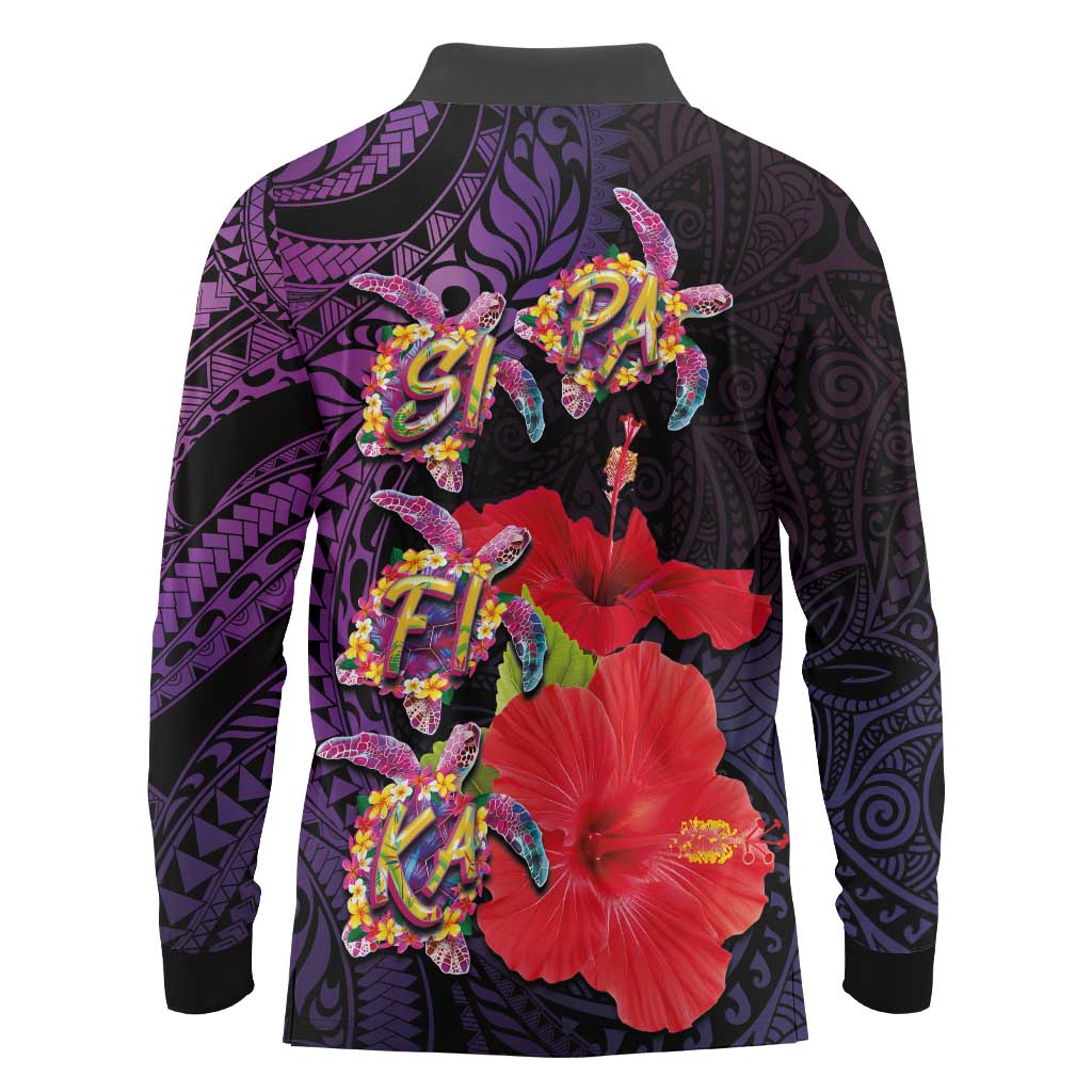 Pasifika Festival Long Sleeve Polo Shirt Plumeria Turtles with Hibiscus - Polynesian Art Tattoo Purple Color LT03 - Polynesian Pride
