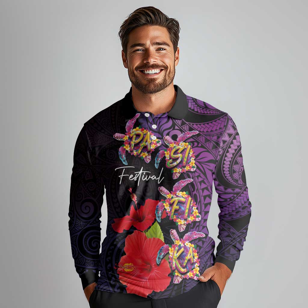 Pasifika Festival Long Sleeve Polo Shirt Plumeria Turtles with Hibiscus - Polynesian Art Tattoo Purple Color LT03 - Polynesian Pride