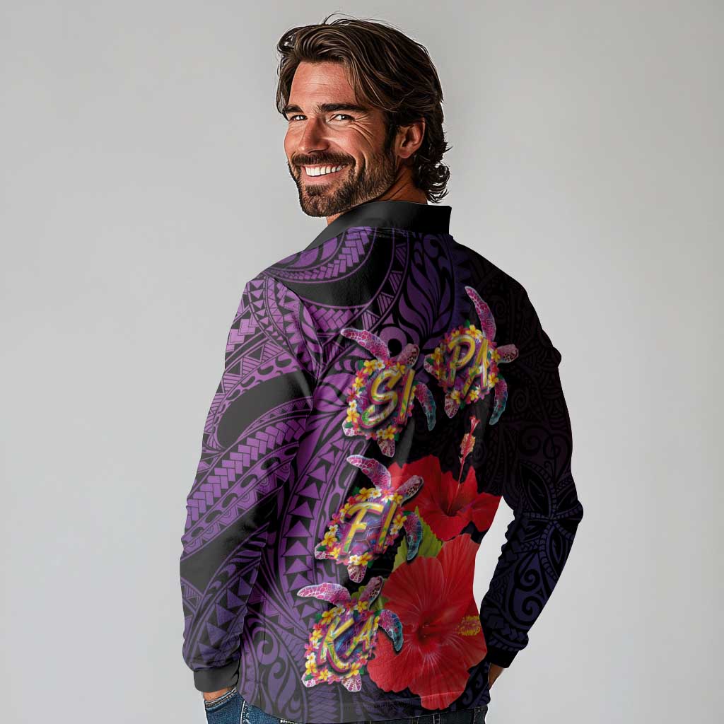 Pasifika Festival Long Sleeve Polo Shirt Plumeria Turtles with Hibiscus - Polynesian Art Tattoo Purple Color LT03 - Polynesian Pride