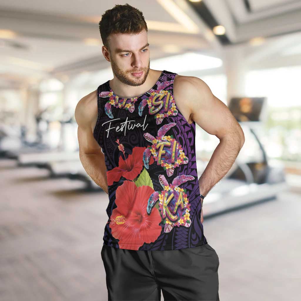 Pasifika Festival Men Tank Top Plumeria Turtles with Hibiscus - Polynesian Art Tattoo Purple Color