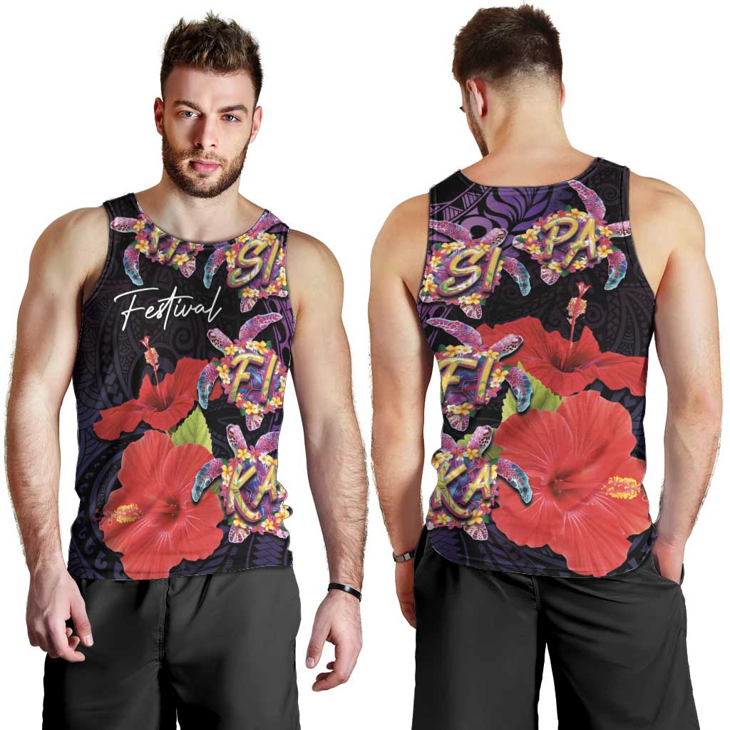 Pasifika Festival Men Tank Top Plumeria Turtles with Hibiscus - Polynesian Art Tattoo Purple Color