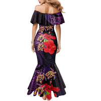 Pasifika Festival Mermaid Dress Plumeria Turtles with Hibiscus - Polynesian Art Tattoo Purple Color