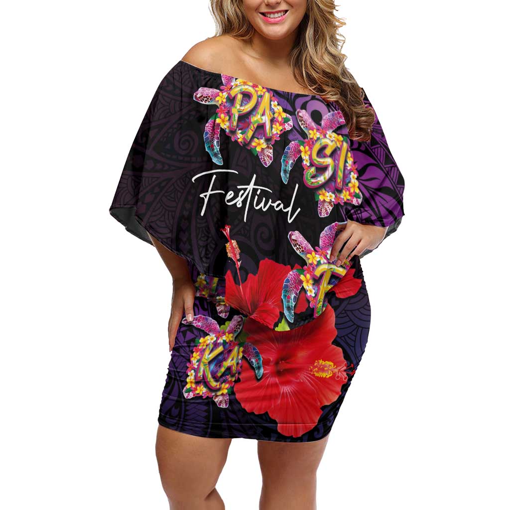 Pasifika Festival Off Shoulder Short Dress Plumeria Turtles with Hibiscus - Polynesian Art Tattoo Purple Color