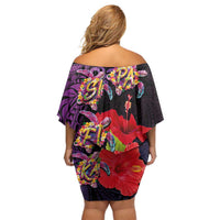 Pasifika Festival Off Shoulder Short Dress Plumeria Turtles with Hibiscus - Polynesian Art Tattoo Purple Color