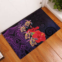 Pasifika Festival Rubber Doormat Plumeria Turtles with Hibiscus - Polynesian Art Tattoo Purple Color