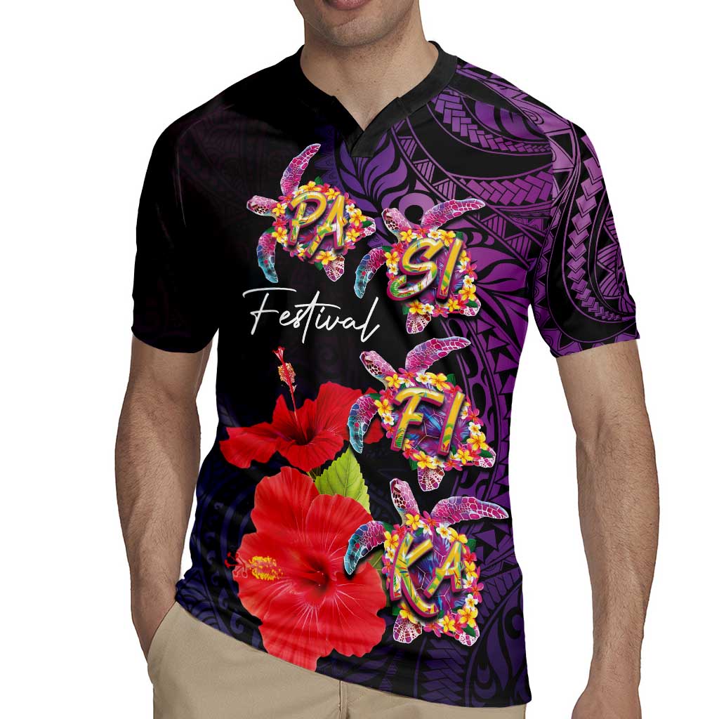 Pasifika Festival Rugby Jersey Plumeria Turtles with Hibiscus - Polynesian Art Tattoo Purple Color LT03 - Polynesian Pride
