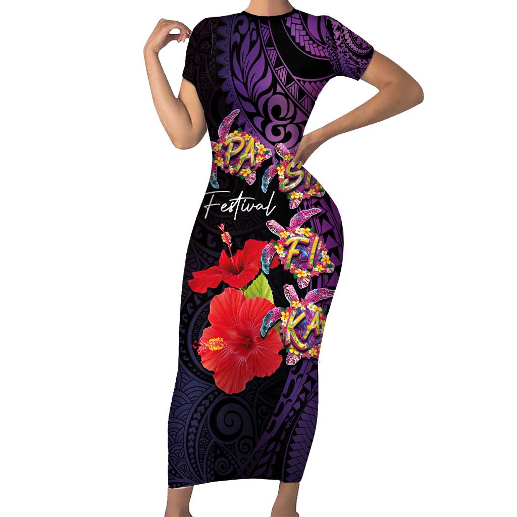 Pasifika Festival Short Sleeve Bodycon Dress Plumeria Turtles with Hibiscus - Polynesian Art Tattoo Purple Color