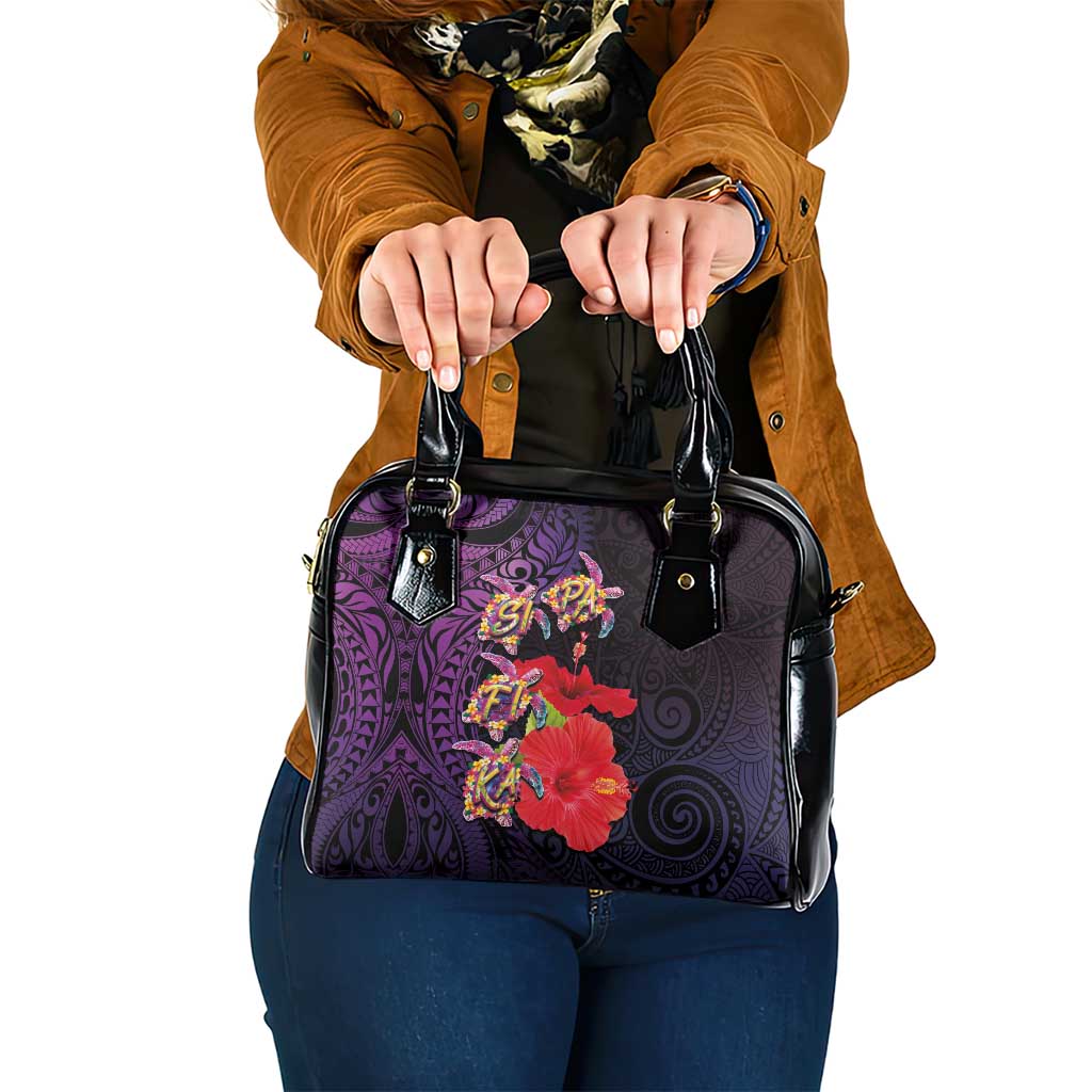 Pasifika Festival Shoulder Handbag Plumeria Turtles with Hibiscus - Polynesian Art Tattoo Purple Color
