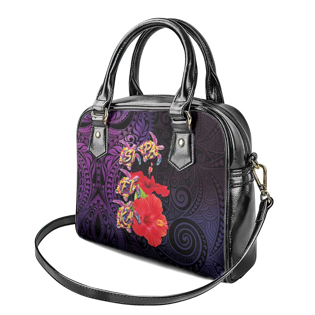 Pasifika Festival Shoulder Handbag Plumeria Turtles with Hibiscus - Polynesian Art Tattoo Purple Color
