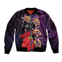 Pasifika Festival Sleeve Zip Bomber Jacket Plumeria Turtles with Hibiscus - Polynesian Art Tattoo Purple Color
