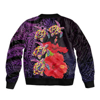 Pasifika Festival Sleeve Zip Bomber Jacket Plumeria Turtles with Hibiscus - Polynesian Art Tattoo Purple Color