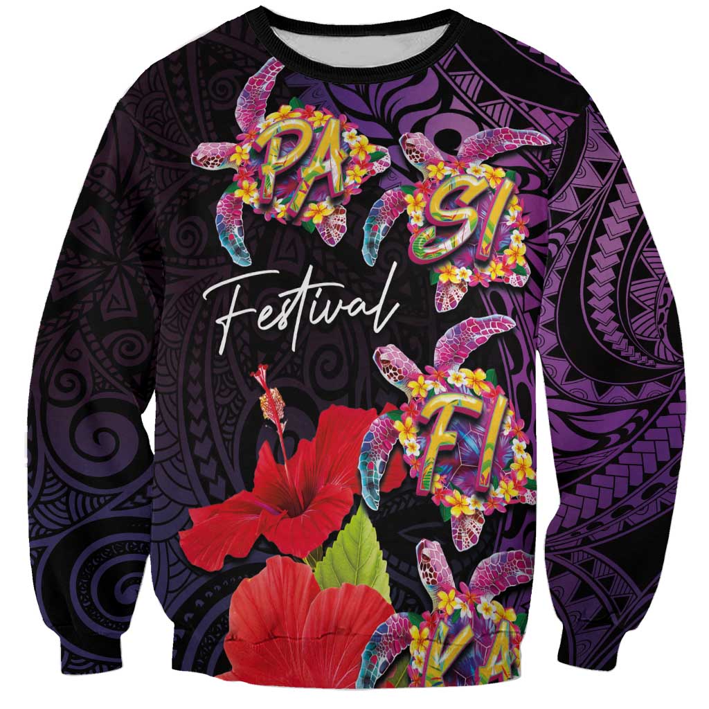 Pasifika Festival Sweatshirt Plumeria Turtles with Hibiscus - Polynesian Art Tattoo Purple Color LT03 Unisex Purple - Polynesian Pride