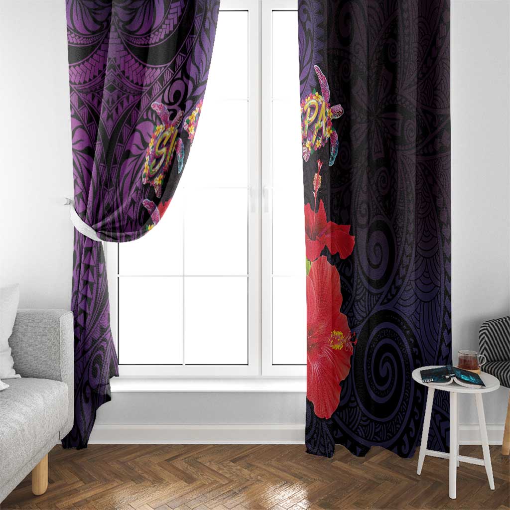 Pasifika Festival Window Curtain Plumeria Turtles with Hibiscus - Polynesian Art Tattoo Purple Color
