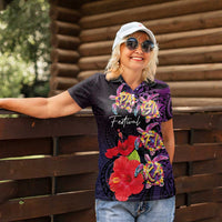 Pasifika Festival Women Polo Shirt Plumeria Turtles with Hibiscus - Polynesian Art Tattoo Purple Color