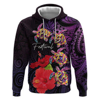 Pasifika Festival Zip Hoodie Plumeria Turtles with Hibiscus - Polynesian Art Tattoo Purple Color