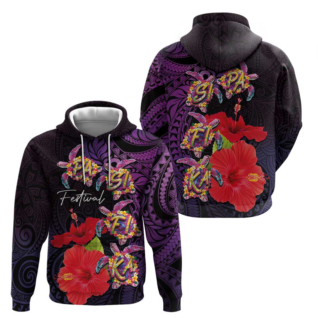 Pasifika Festival Zip Hoodie Plumeria Turtles with Hibiscus - Polynesian Art Tattoo Purple Color