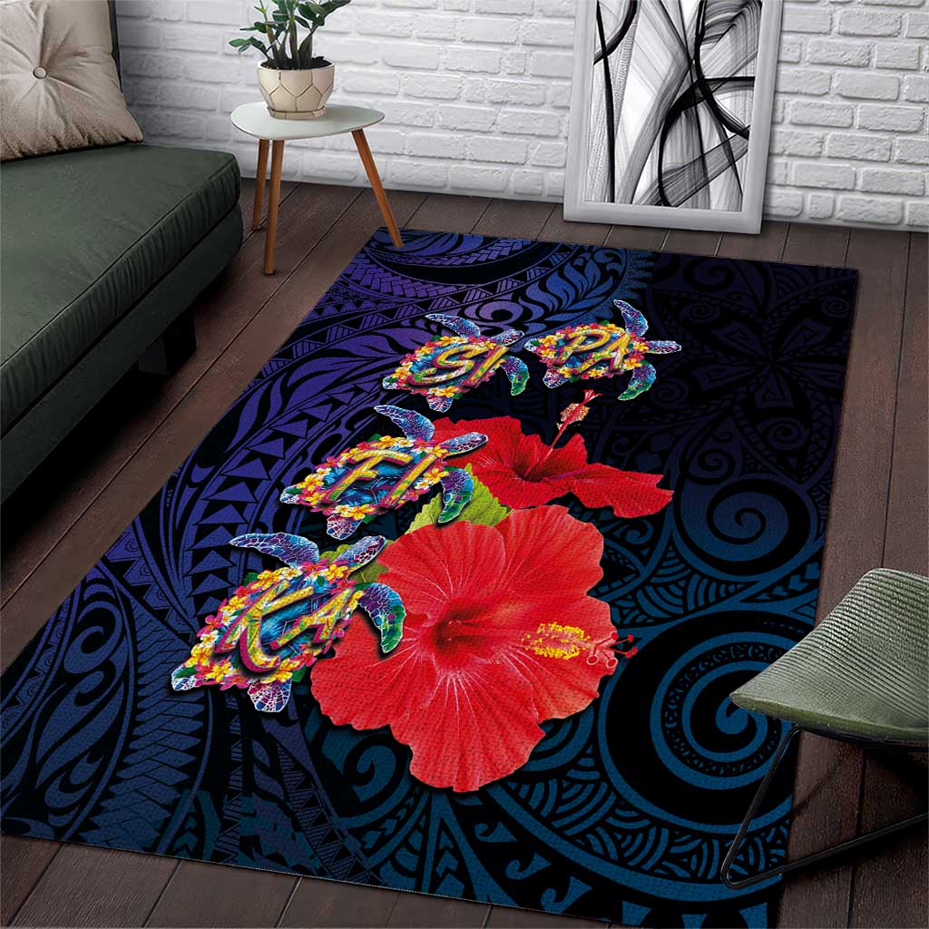 Pasifika Festival Area Rug Plumeria Turtles with Hibiscus - Polynesian Art Tattoo Dark Navy Color