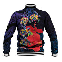Pasifika Festival Baseball Jacket Plumeria Turtles with Hibiscus - Polynesian Art Tattoo Dark Navy Color LT03 - Polynesian Pride
