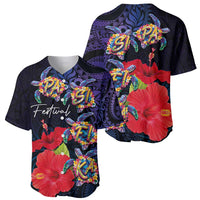 Pasifika Festival Baseball Jersey Plumeria Turtles with Hibiscus - Polynesian Art Tattoo Dark Navy Color LT03 - Polynesian Pride