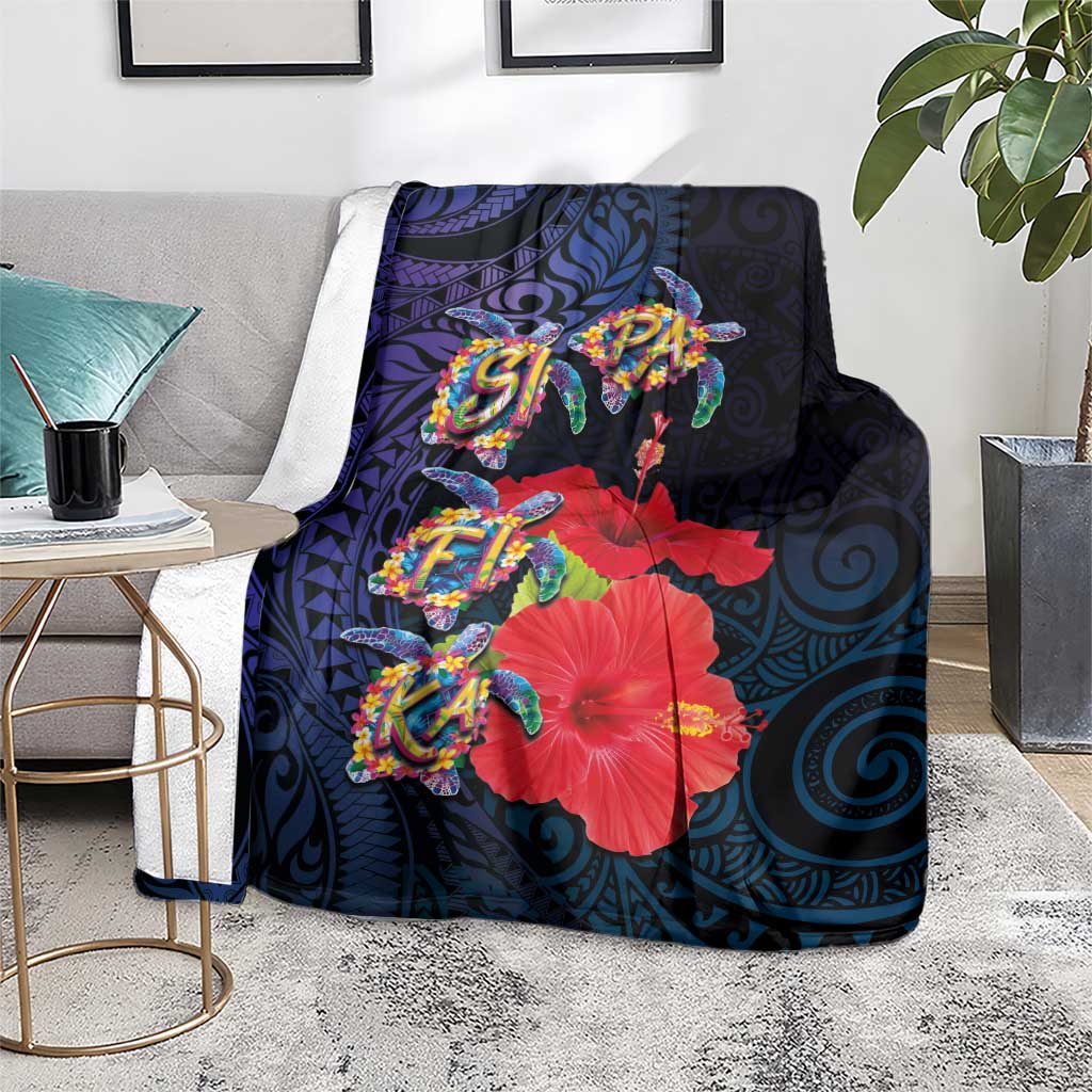 Pasifika Festival Blanket Plumeria Turtles with Hibiscus - Polynesian Art Tattoo Dark Navy Color