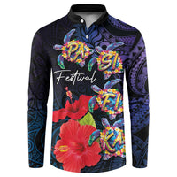 Pasifika Festival Button Sweatshirt Plumeria Turtles with Hibiscus - Polynesian Art Tattoo Dark Navy Color