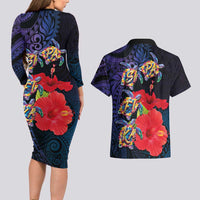 Pasifika Festival Couples Matching Long Sleeve Bodycon Dress and Hawaiian Shirt Plumeria Turtles with Hibiscus - Polynesian Art Tattoo Dark Navy Color LT03 - Polynesian Pride