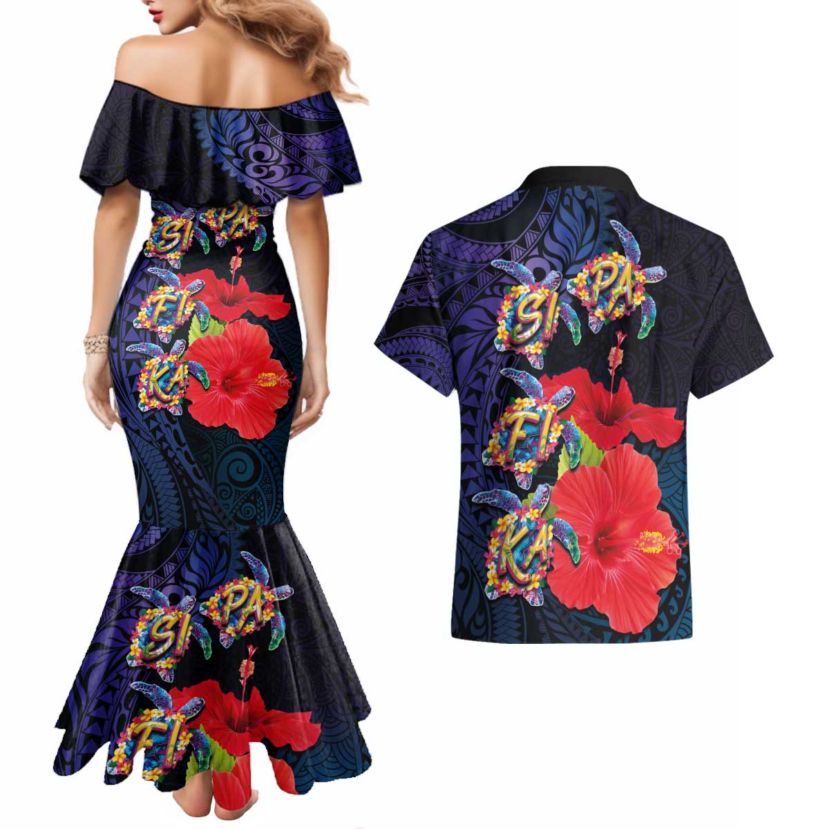 Pasifika Festival Couples Matching Mermaid Dress and Hawaiian Shirt Plumeria Turtles with Hibiscus - Polynesian Art Tattoo Dark Navy Color