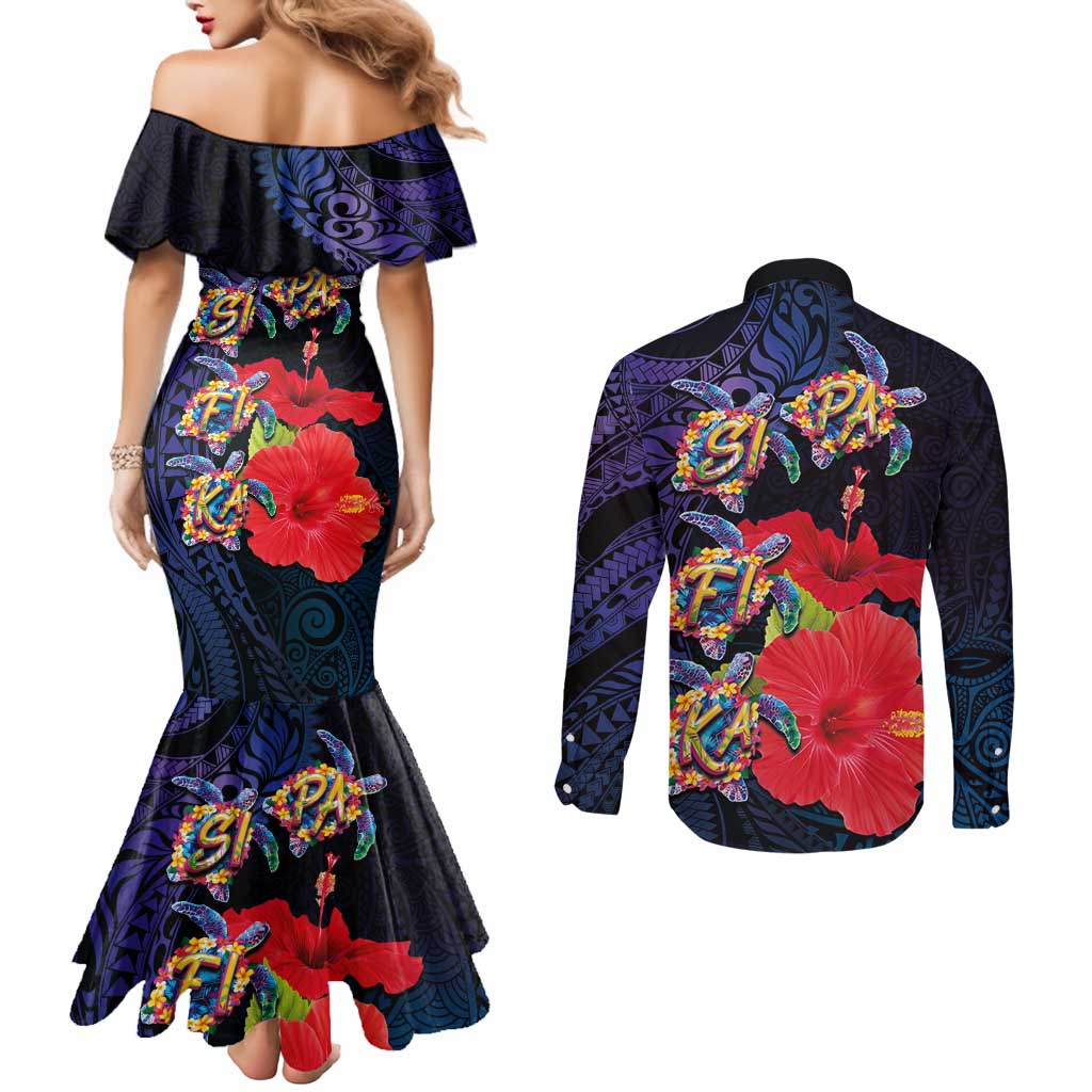 Pasifika Festival Couples Matching Mermaid Dress and Long Sleeve Button Shirt Plumeria Turtles with Hibiscus - Polynesian Art Tattoo Dark Navy Color LT03 - Polynesian Pride