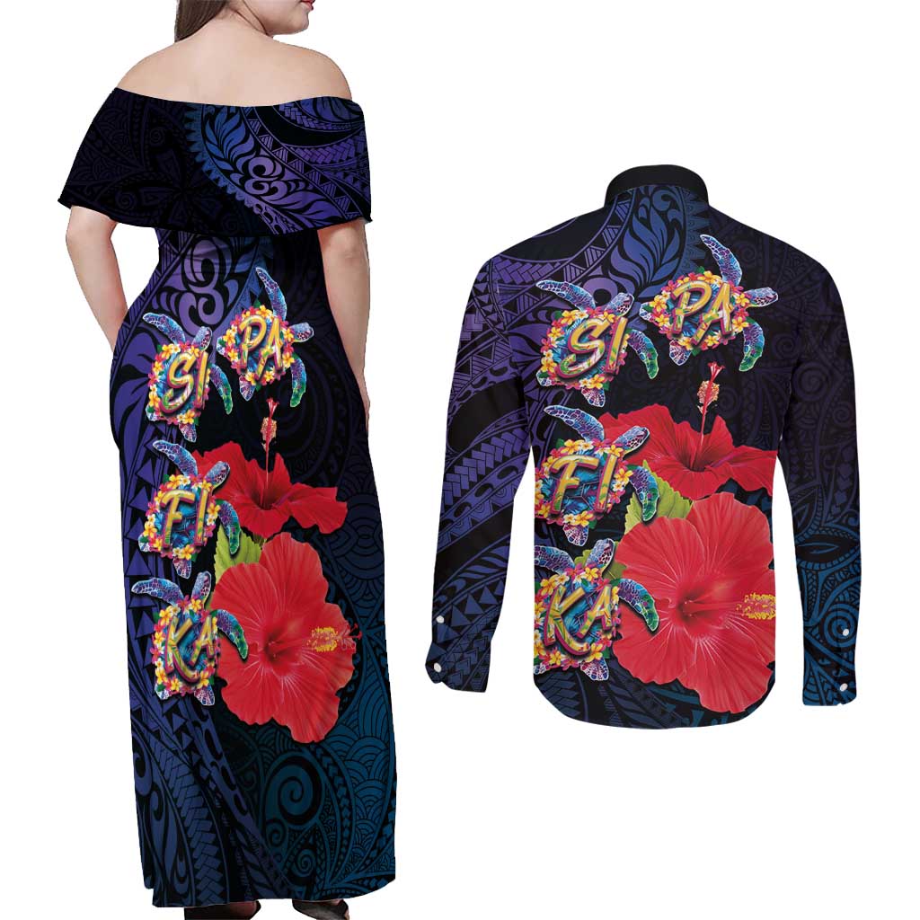 Pasifika Festival Couples Matching Off Shoulder Maxi Dress and Long Sleeve Button Shirt Plumeria Turtles with Hibiscus - Polynesian Art Tattoo Dark Navy Color LT03 - Polynesian Pride