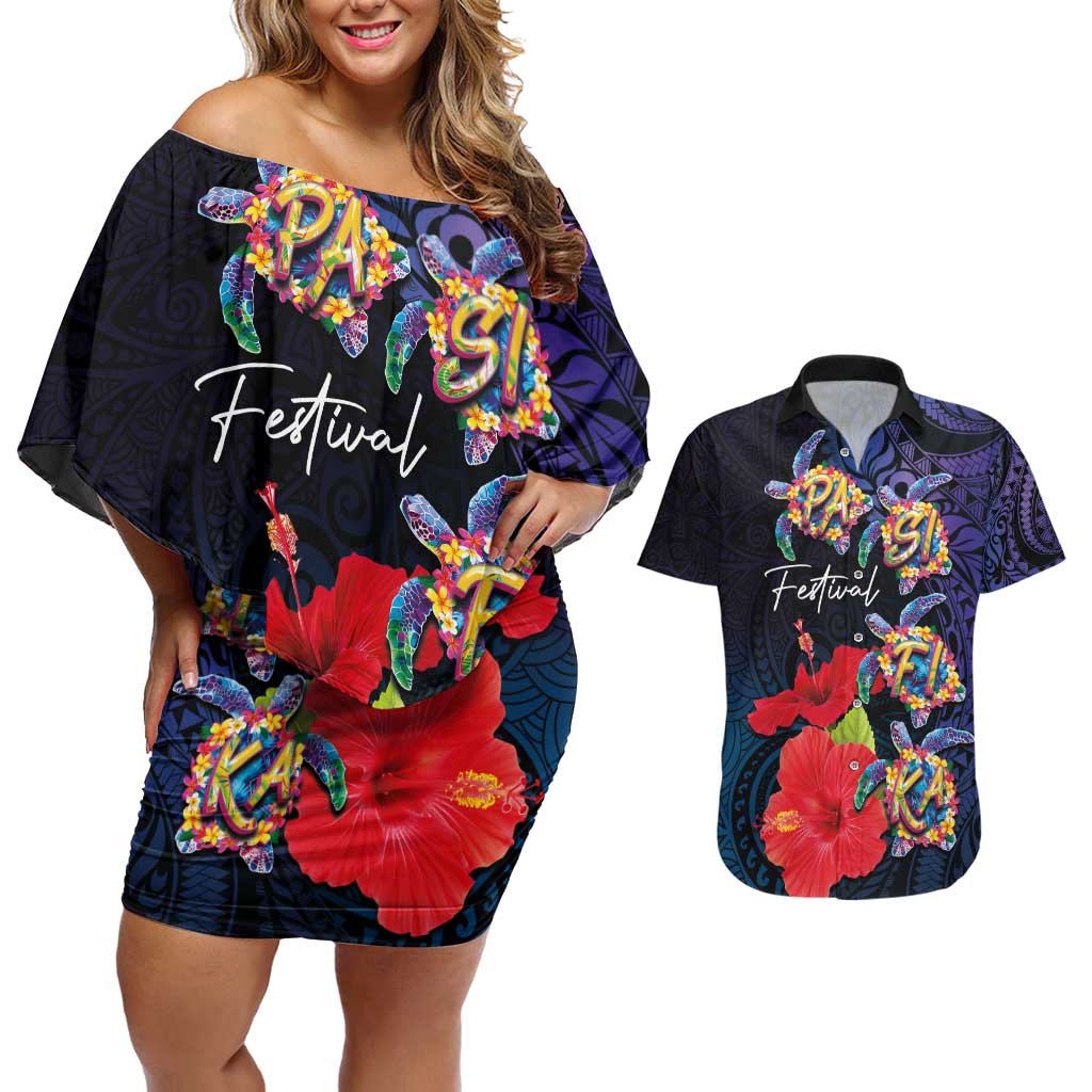Pasifika Festival Couples Matching Off Shoulder Short Dress and Hawaiian Shirt Plumeria Turtles with Hibiscus - Polynesian Art Tattoo Dark Navy Color LT03 Dark Navy - Polynesian Pride