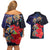 Pasifika Festival Couples Matching Off Shoulder Short Dress and Hawaiian Shirt Plumeria Turtles with Hibiscus - Polynesian Art Tattoo Dark Navy Color