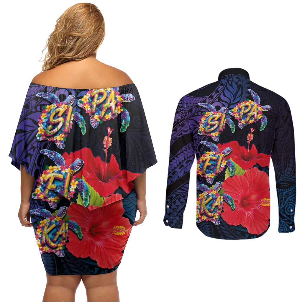 Pasifika Festival Couples Matching Off Shoulder Short Dress and Long Sleeve Button Shirt Plumeria Turtles with Hibiscus - Polynesian Art Tattoo Dark Navy Color LT03 - Polynesian Pride