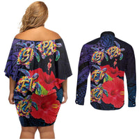 Pasifika Festival Couples Matching Off Shoulder Short Dress and Long Sleeve Button Shirt Plumeria Turtles with Hibiscus - Polynesian Art Tattoo Dark Navy Color LT03 - Polynesian Pride