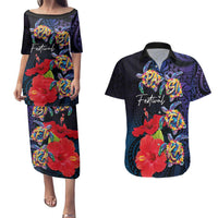 Pasifika Festival Couples Matching Puletasi and Hawaiian Shirt Plumeria Turtles with Hibiscus - Polynesian Art Tattoo Dark Navy Color LT03 Dark Navy - Polynesian Pride