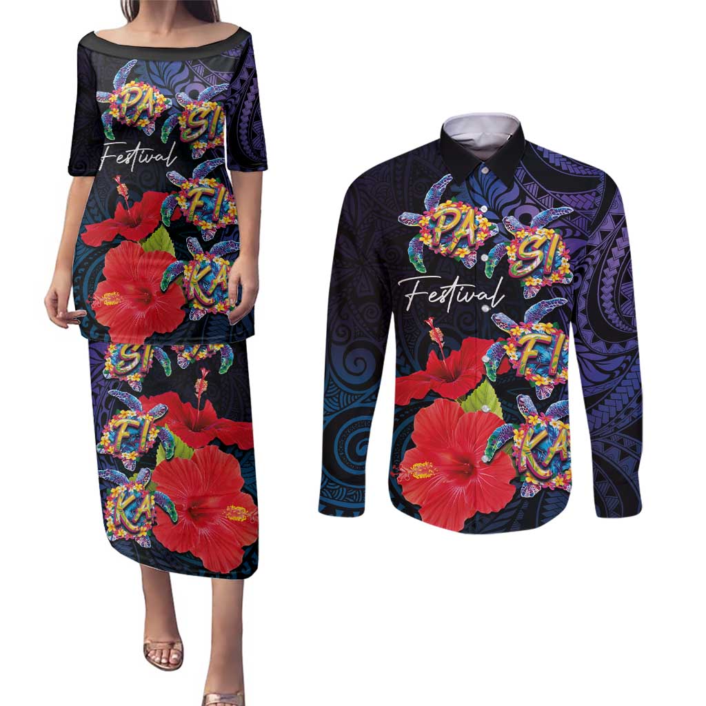 Pasifika Festival Couples Matching Puletasi and Long Sleeve Button Shirt Plumeria Turtles with Hibiscus - Polynesian Art Tattoo Dark Navy Color LT03 Dark Navy - Polynesian Pride