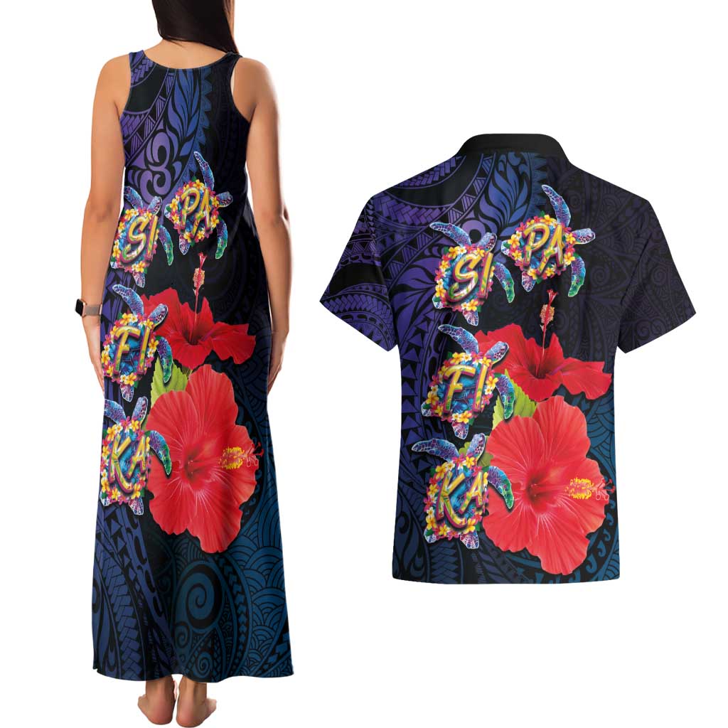 Pasifika Festival Couples Matching Tank Maxi Dress and Hawaiian Shirt Plumeria Turtles with Hibiscus - Polynesian Art Tattoo Dark Navy Color LT03 - Polynesian Pride