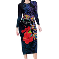 Pasifika Festival Family Matching Long Sleeve Bodycon Dress and Hawaiian Shirt Plumeria Turtles with Hibiscus - Polynesian Art Tattoo Dark Navy Color LT03 Mom's Dress Dark Navy - Polynesian Pride