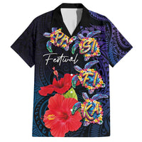 Pasifika Festival Family Matching Off Shoulder Maxi Dress and Hawaiian Shirt Plumeria Turtles with Hibiscus - Polynesian Art Tattoo Dark Navy Color LT03 Dad's Shirt - Short Sleeve Dark Navy - Polynesian Pride