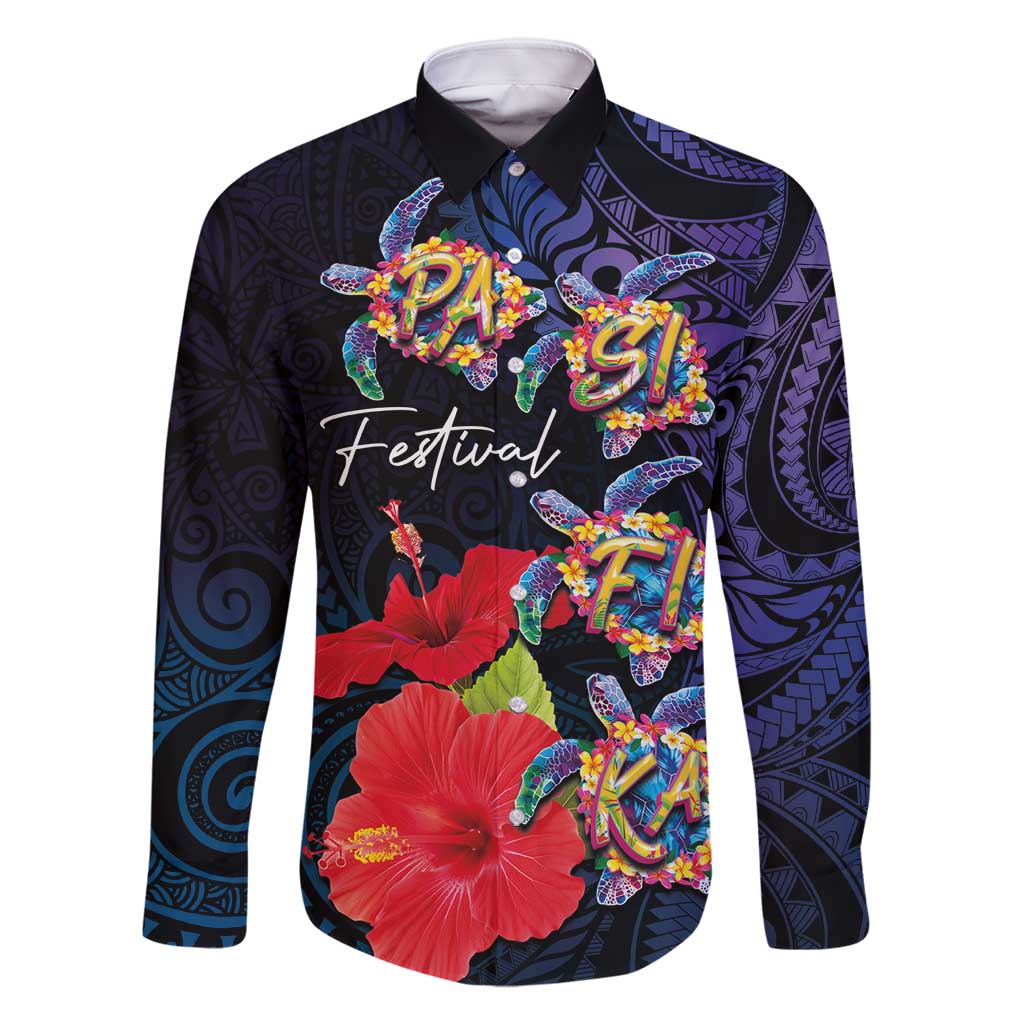 Pasifika Festival Family Matching Off Shoulder Maxi Dress and Hawaiian Shirt Plumeria Turtles with Hibiscus - Polynesian Art Tattoo Dark Navy Color LT03 Dad's Shirt - Long Sleeve Dark Navy - Polynesian Pride