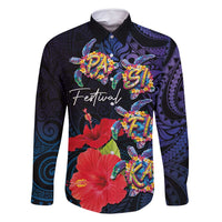 Pasifika Festival Family Matching Off Shoulder Maxi Dress and Hawaiian Shirt Plumeria Turtles with Hibiscus - Polynesian Art Tattoo Dark Navy Color LT03 Dad's Shirt - Long Sleeve Dark Navy - Polynesian Pride