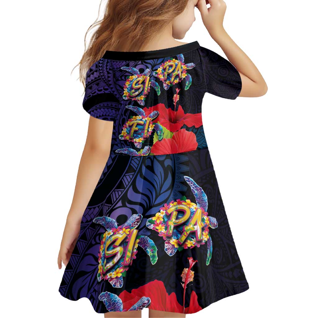 Pasifika Festival Family Matching Off Shoulder Short Dress and Hawaiian Shirt Plumeria Turtles with Hibiscus - Polynesian Art Tattoo Dark Navy Color LT03 - Polynesian Pride