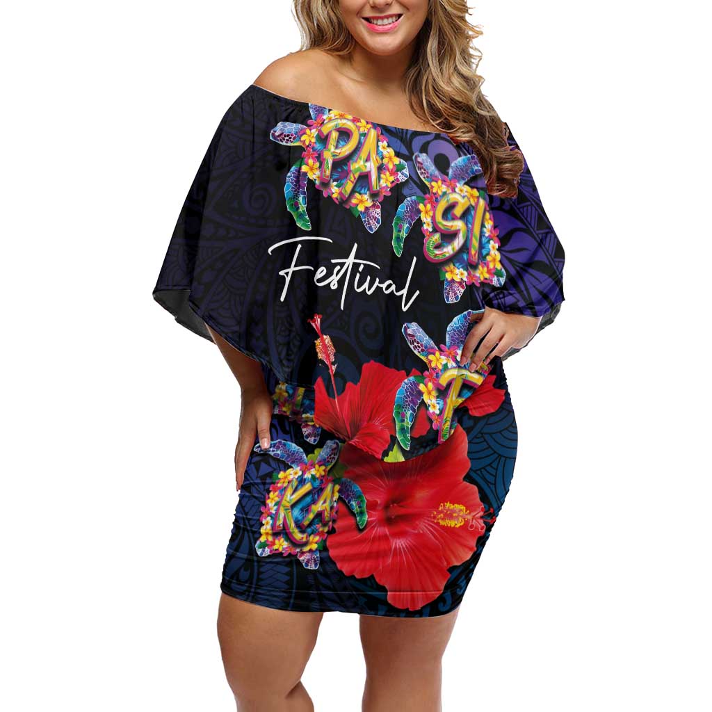 Pasifika Festival Family Matching Off Shoulder Short Dress and Hawaiian Shirt Plumeria Turtles with Hibiscus - Polynesian Art Tattoo Dark Navy Color LT03 Mom's Dress Dark Navy - Polynesian Pride