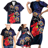 Pasifika Festival Family Matching Short Sleeve Bodycon Dress and Hawaiian Shirt Plumeria Turtles with Hibiscus - Polynesian Art Tattoo Dark Navy Color LT03 - Polynesian Pride
