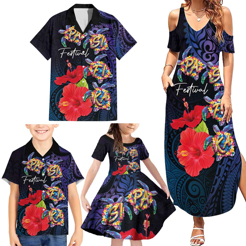Pasifika Festival Family Matching Summer Maxi Dress and Hawaiian Shirt Plumeria Turtles with Hibiscus - Polynesian Art Tattoo Dark Navy Color LT03 - Polynesian Pride